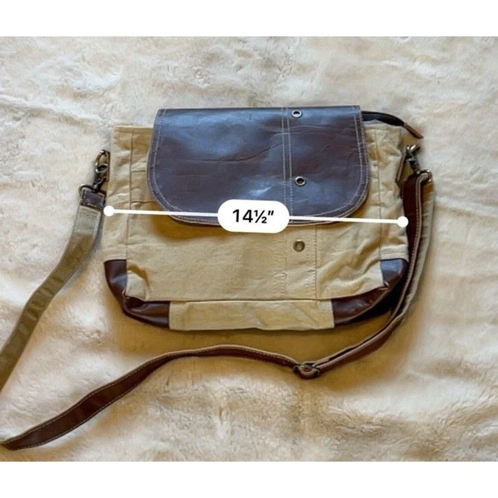 Recycled Military Messenger Bag Crossbody Adjustable Pockets Beige/leather Boho